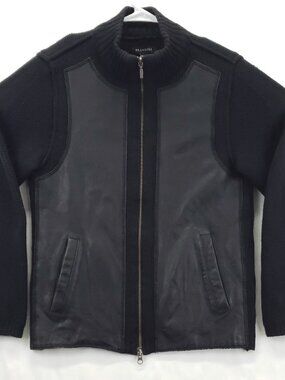 Brandini Jacket Sweater Mens S Black Leather Wool Grandpa Cardigan Full Zip